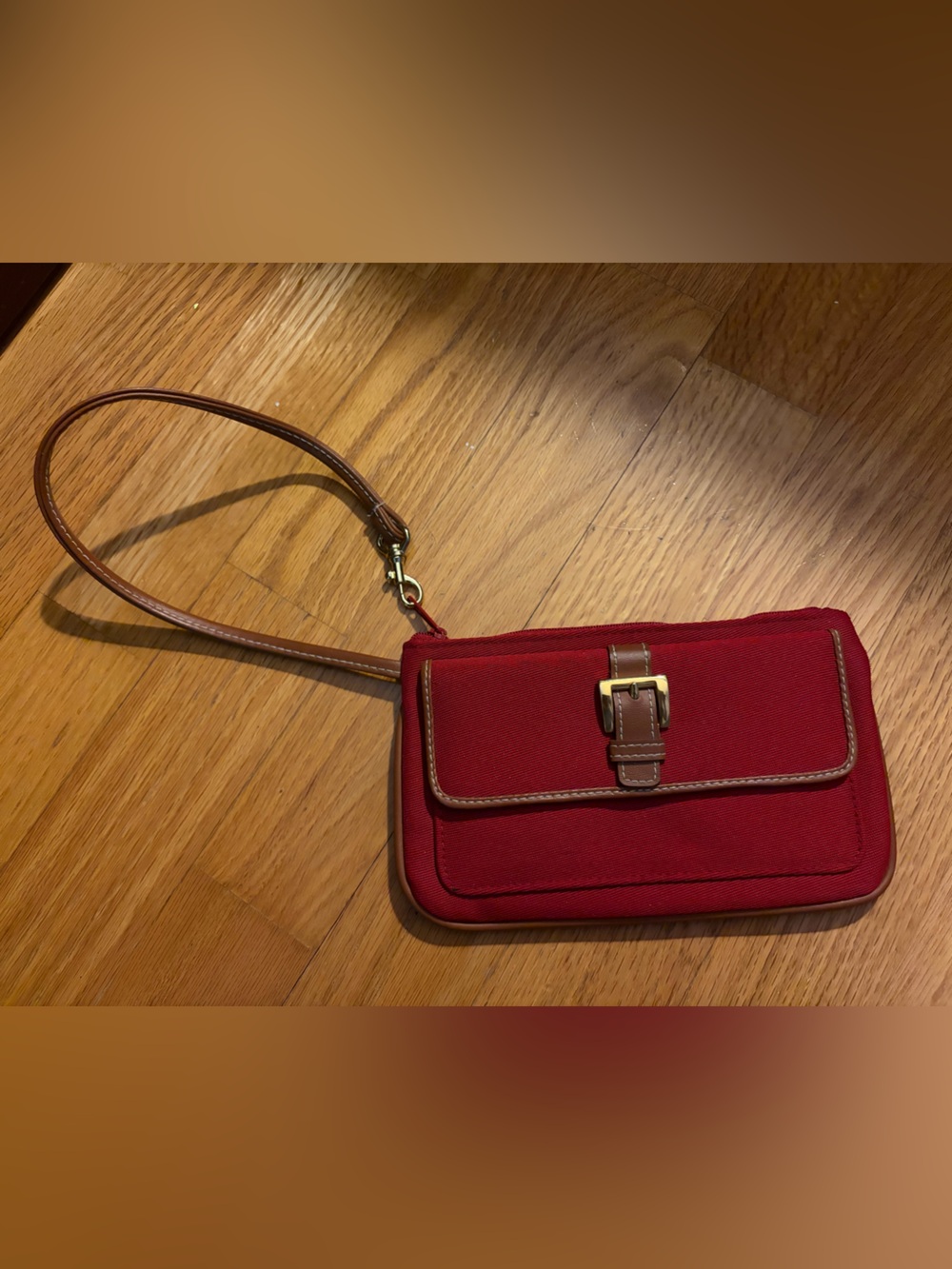Red Canvas Wristlet with Brown Leather Trim